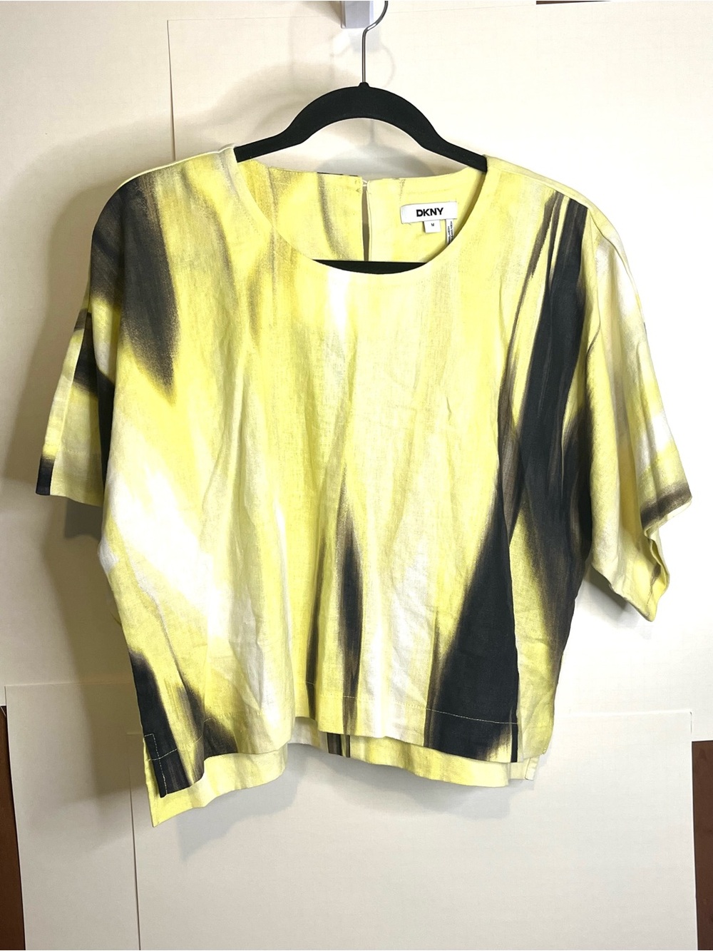 DKNY Women’s Size M Yellow & Black Brushstroke Linen Blend Boxy Top